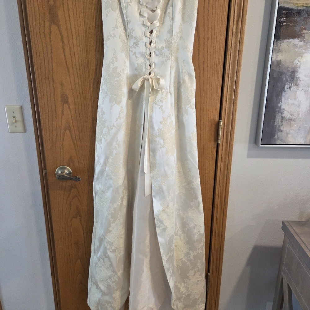 Vtg Ivory Brocade Masquerade  9/10 Wedding Formal Dress Strapless Corset Front - Picture 4 of 12